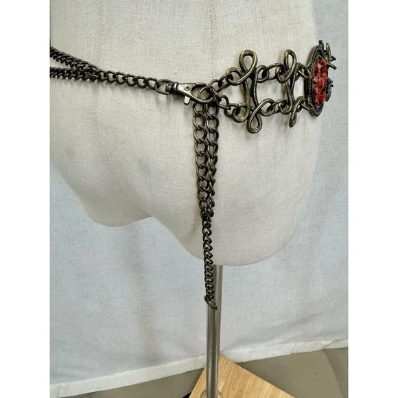 Medallion Chain Concho Belt Womens OS Red Faux Coral Antique Brass Boho Style - Picture 6 of 14